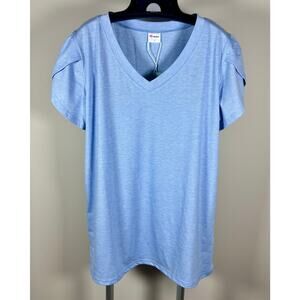 Wiholl Light Blue Petal Style Short Sleeve V-Neck T-Shirt Top Women's Large NWT